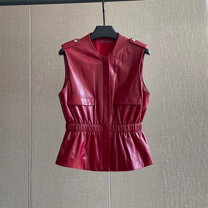 Women'S Fashion Leather Jacket - Gilet en cuir véritable rouge pour