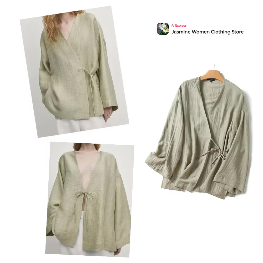 Kimono Cardigan Women - Chemisier Olive confortable avec attaches, manches