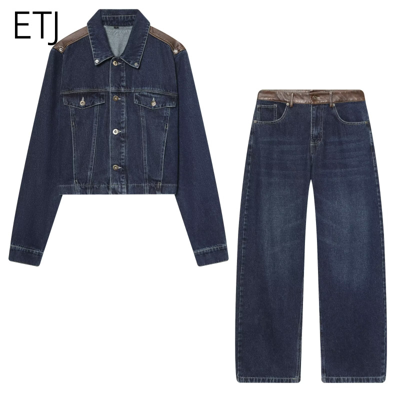 Women'S Fashion Leather Jacket - Ensemble veste en jean et pantalon