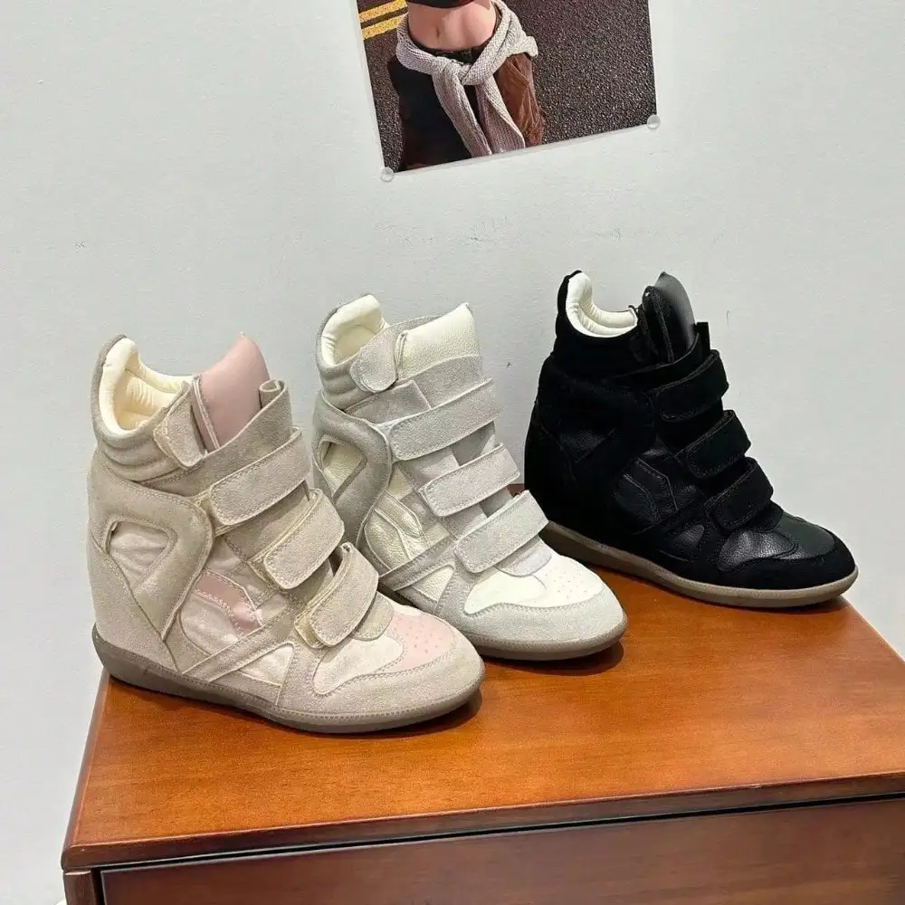 Women'S Fashion Velcro Sneakers - Baskets compensées montantes pour femme, chaussures