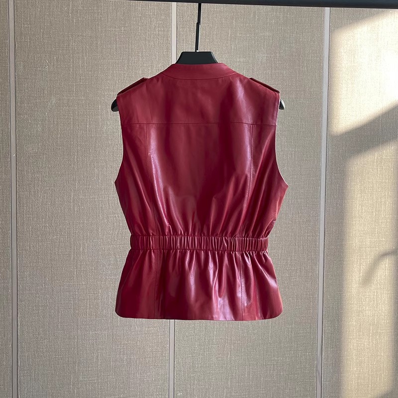 Gilet en cuir véritable rouge  - Women'S Fashion Leather Jacket avis et prix