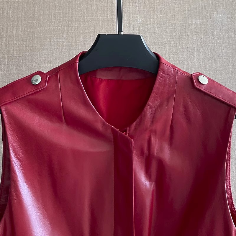 Gilet en cuir véritable rouge  - Women'S Fashion Leather Jacket avis et prix